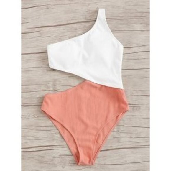 Zaful one shoulder cutout ribbed one piece swimsuit colorblock full coverage - Picture 1 of 6
